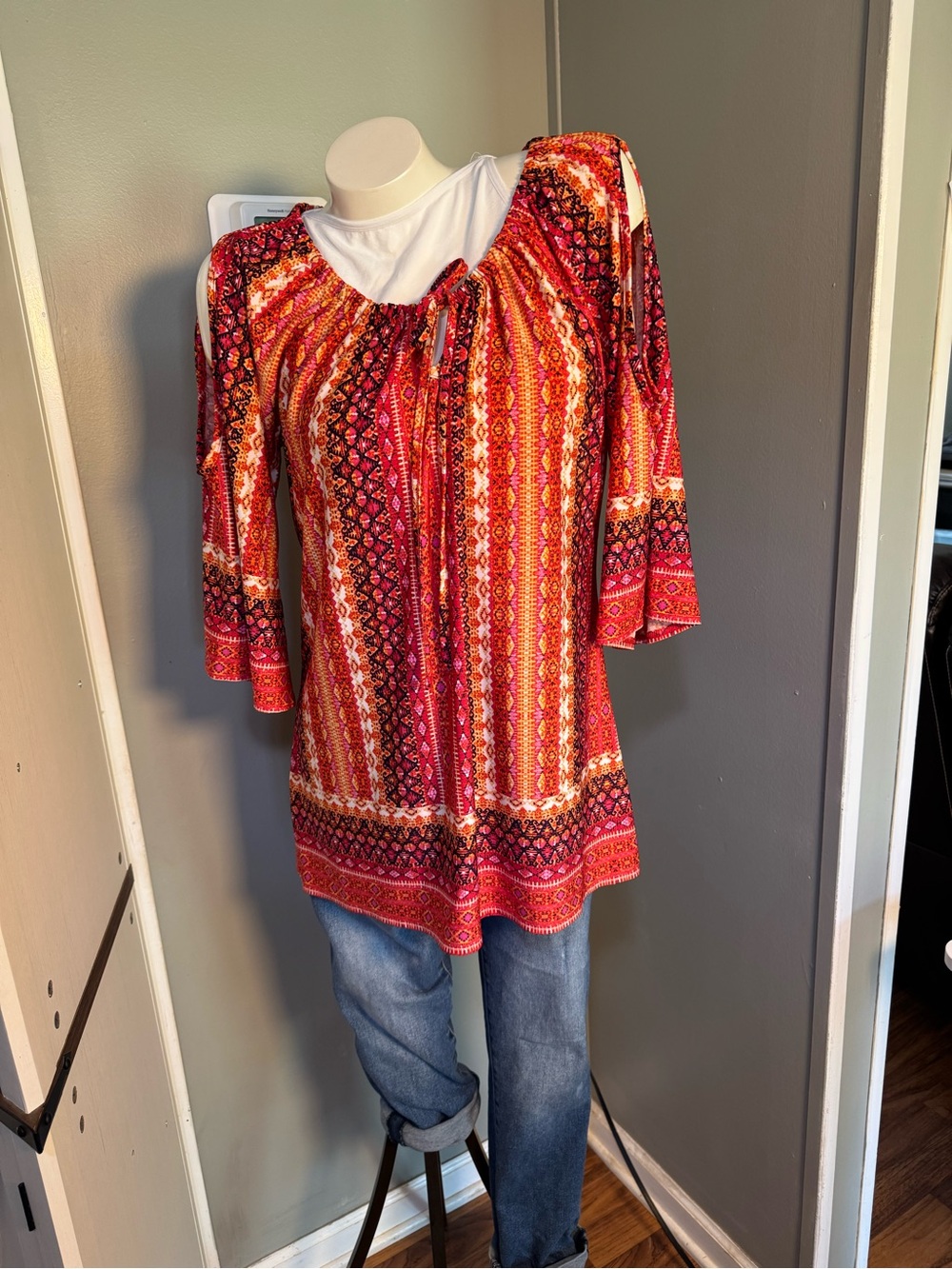 NWT New Direction Boho Print Red Multicolor Peasant Top with Tie Neck